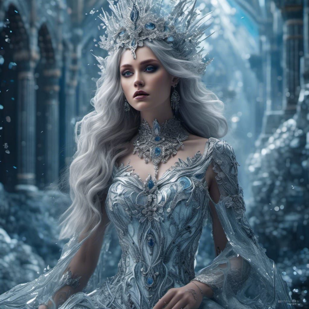 Icy Queen with Vaporous Dress in Hyperreal Detail