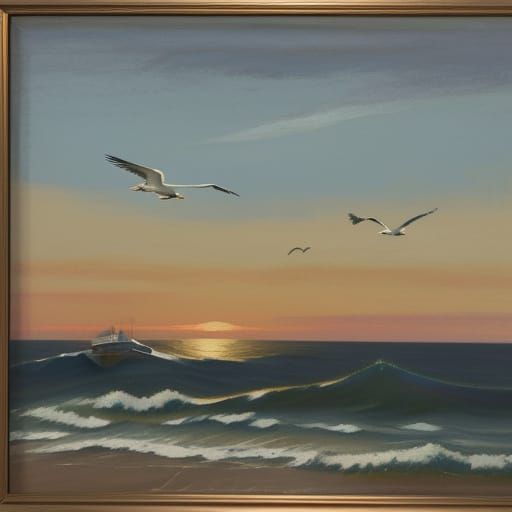 Hopper Style Sunset Sea with Distant Boat