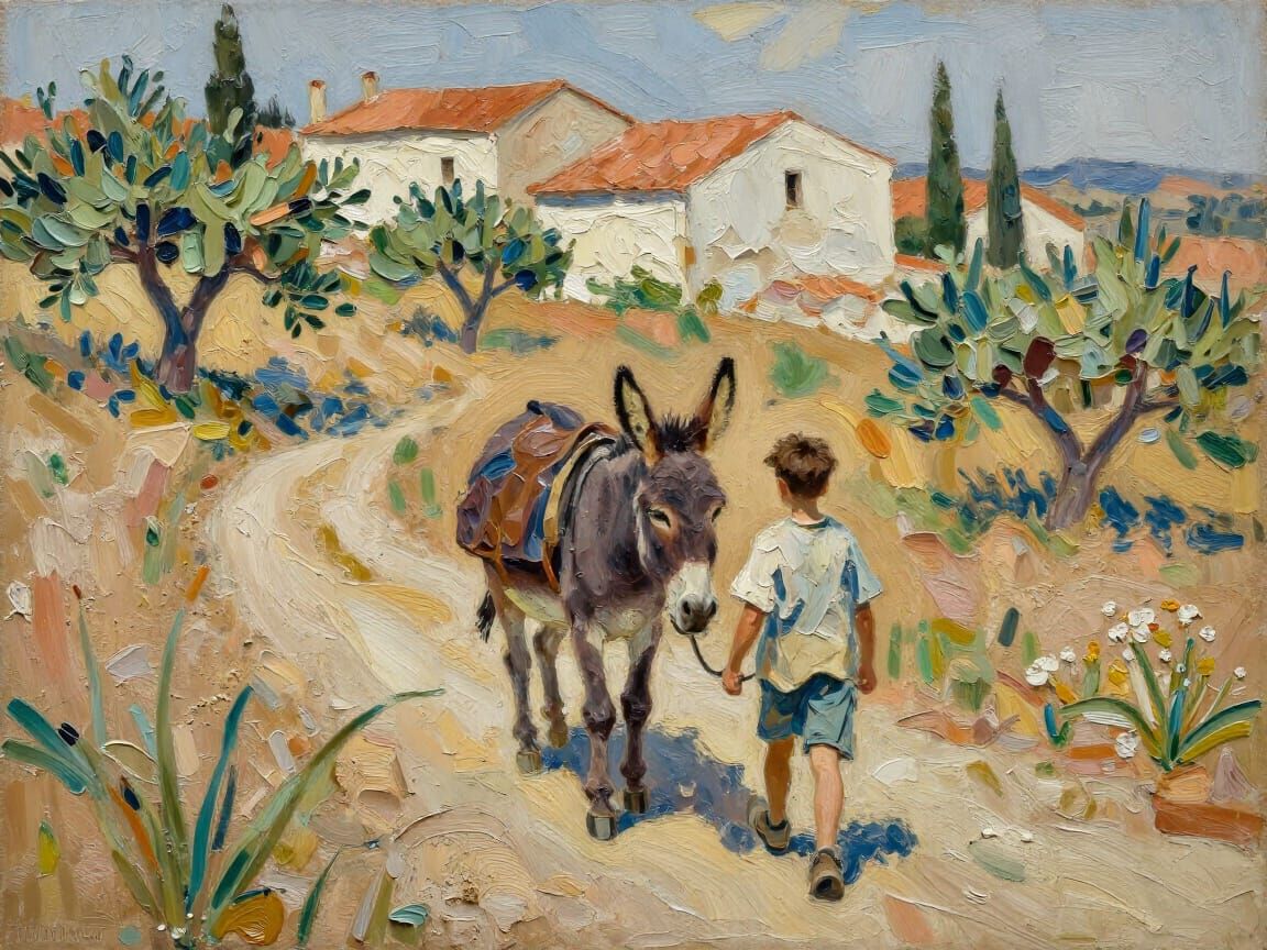 Impressionist Mediterranean Pastoral with Thick Textured Pai...