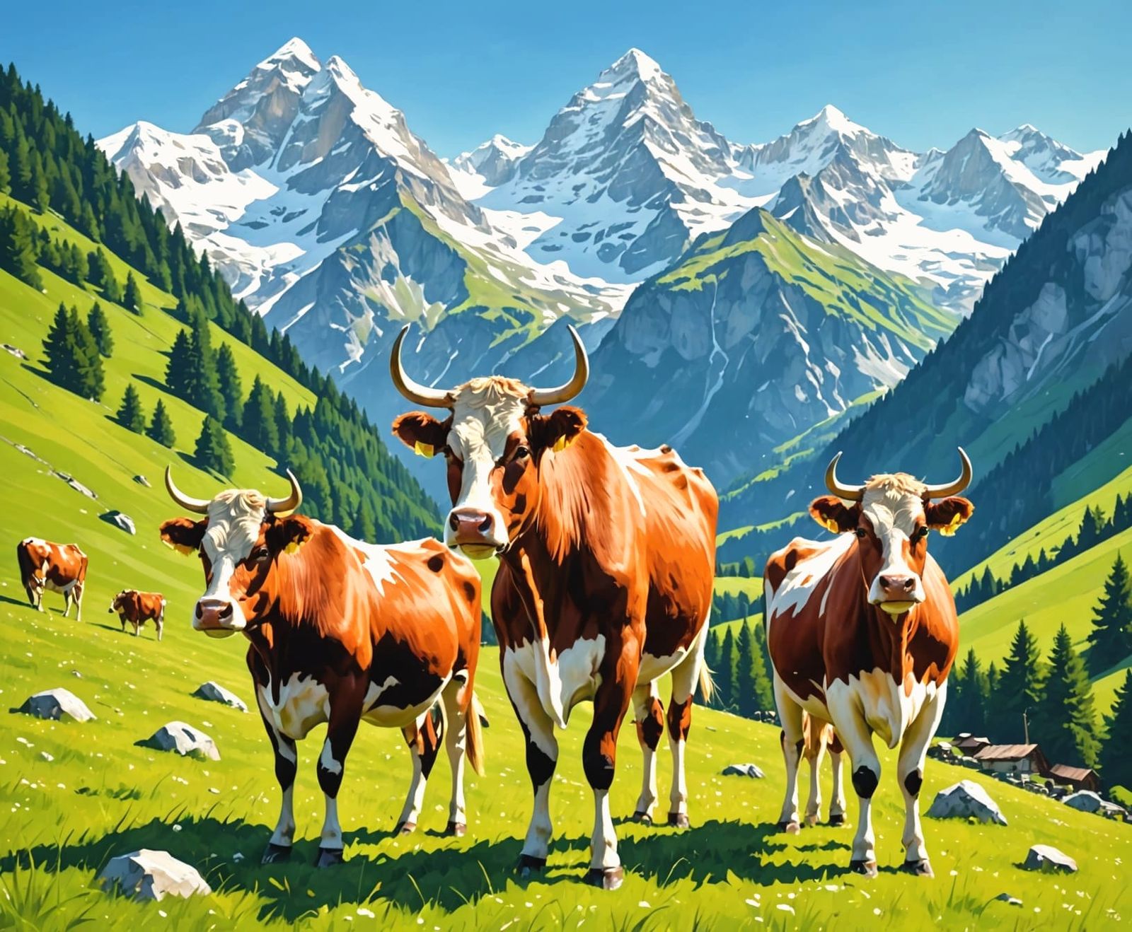 Alpine Cows With Brass Bells in Swiss Alps Meadow