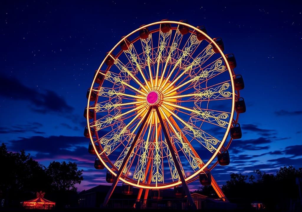 Enlighted ferry wheel at night