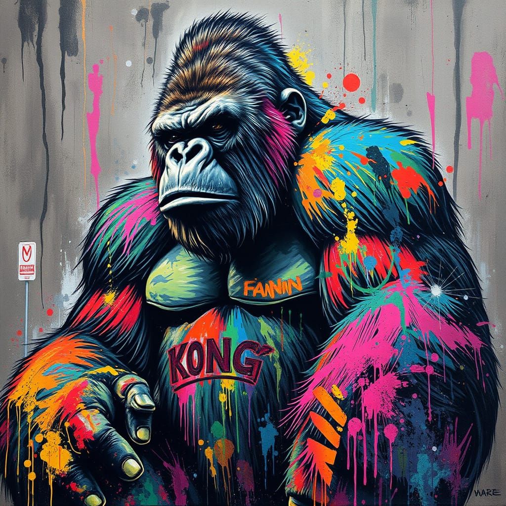 Powerful Street Art Ape, Graffiti King Kong in Urban Composi...