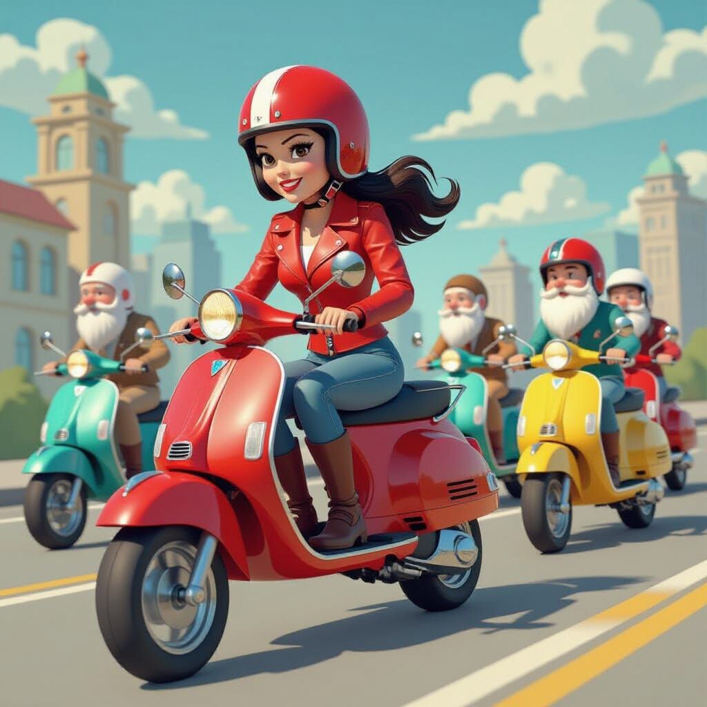 Snow White on Motorcycle with Dwarfs, Disney Style