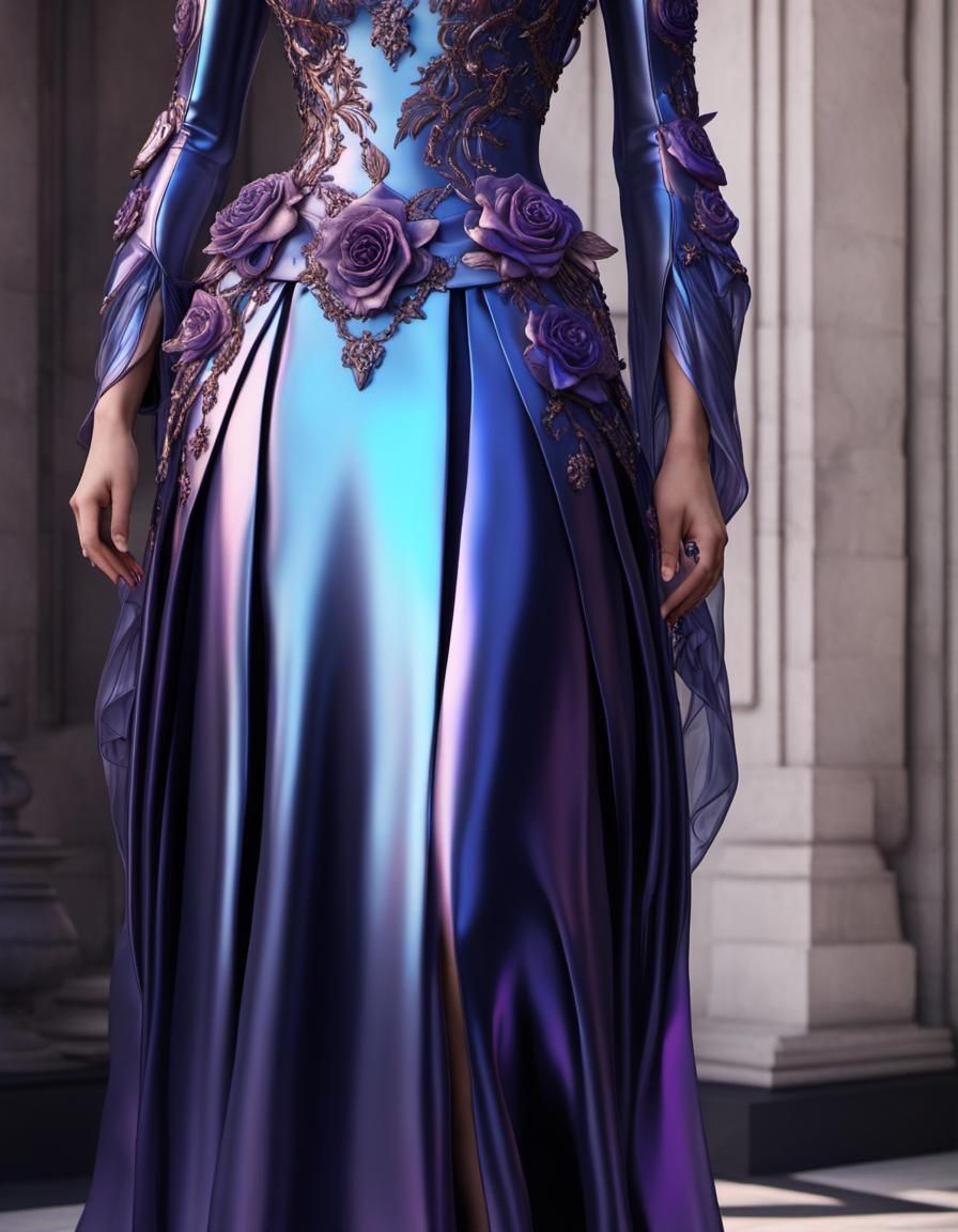 Ethereal gothic rose gold met gala dress with rose gold Silk with vibrant purple accents& cobalt blue accents& long flow...