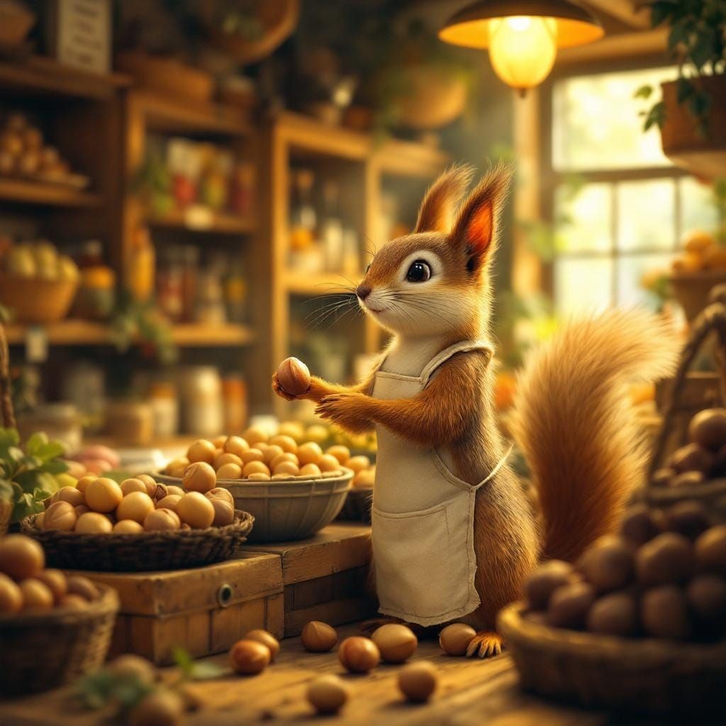 Squirrel Baker in Warmly Lit Grocery Store