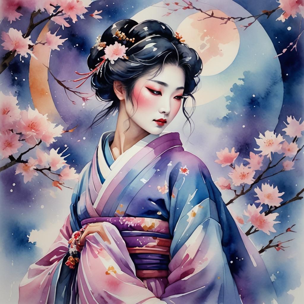 Dreamy Geisha Portrait in Watercolor Fantasy Style