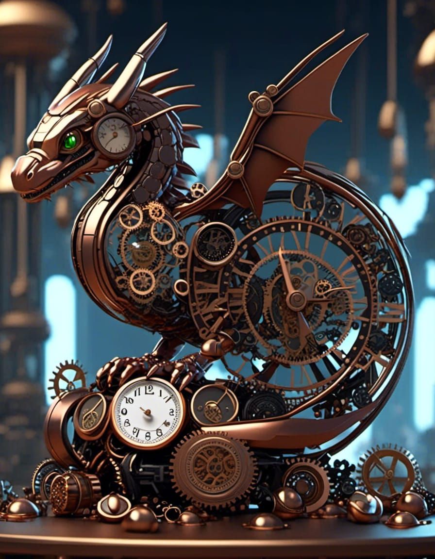 Animated Chibi cute clockwork copper dragon made of clocks and clock pieces lying on a pile of clock parts. Clockpunk St...