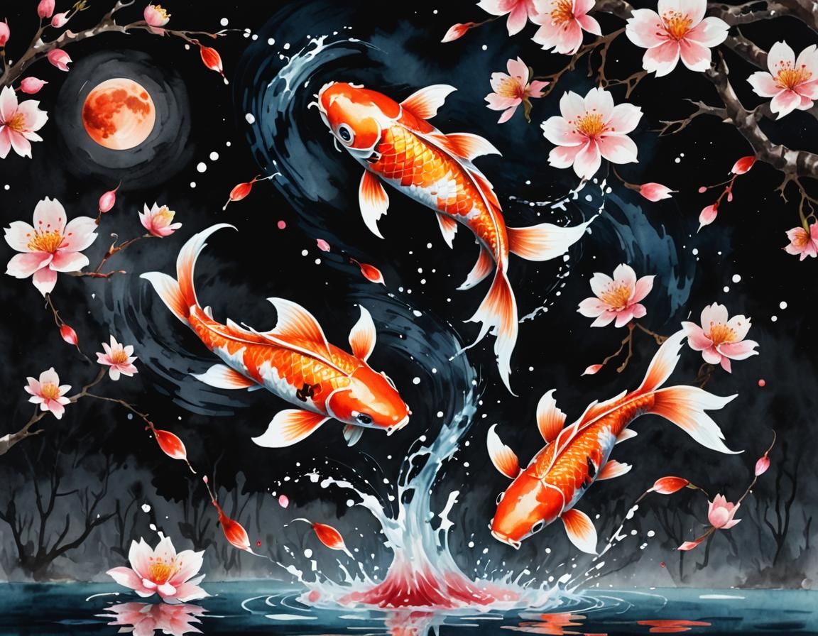 Fiery Koi Leaping Under Blood Moon: Watercolor Impressionism