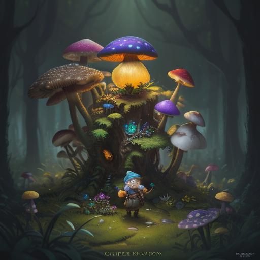 Gnome Tinkering in Mushroom Forest: Hyperrealistic Concept A...