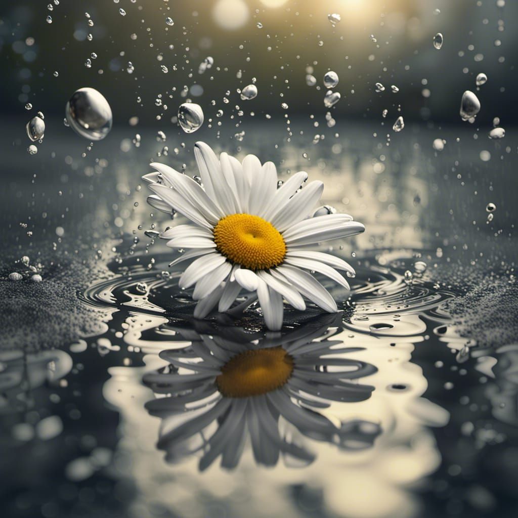 Daisy in Rain Puddle: Photorealistic CGI Masterpiece