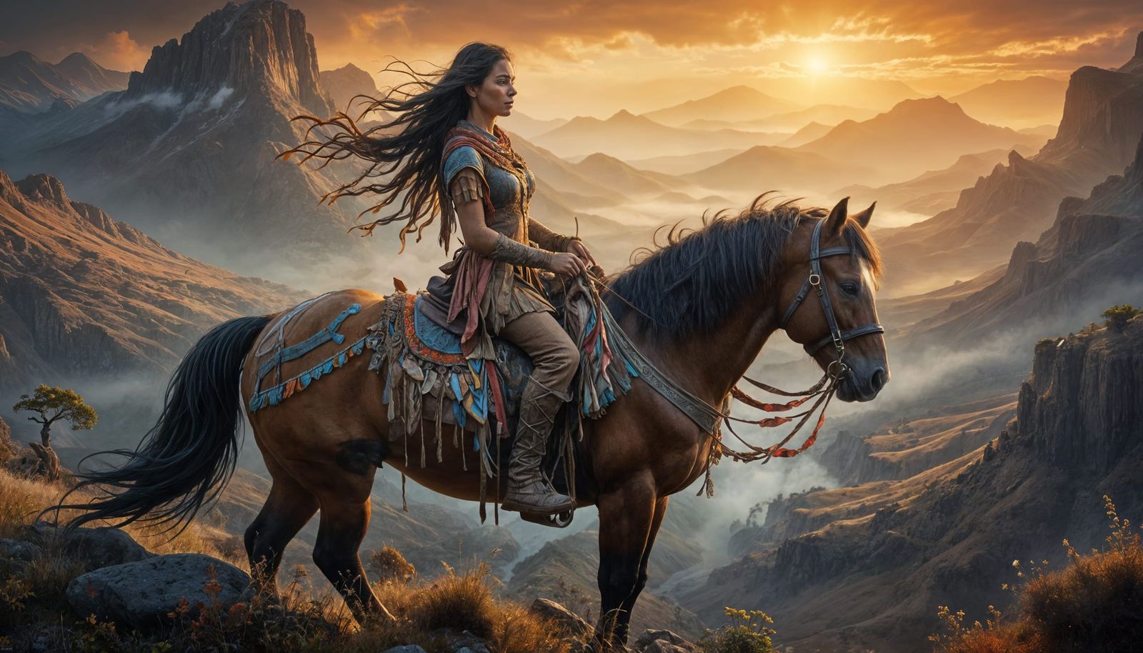 Native Woman on Horseback in Misty Valley