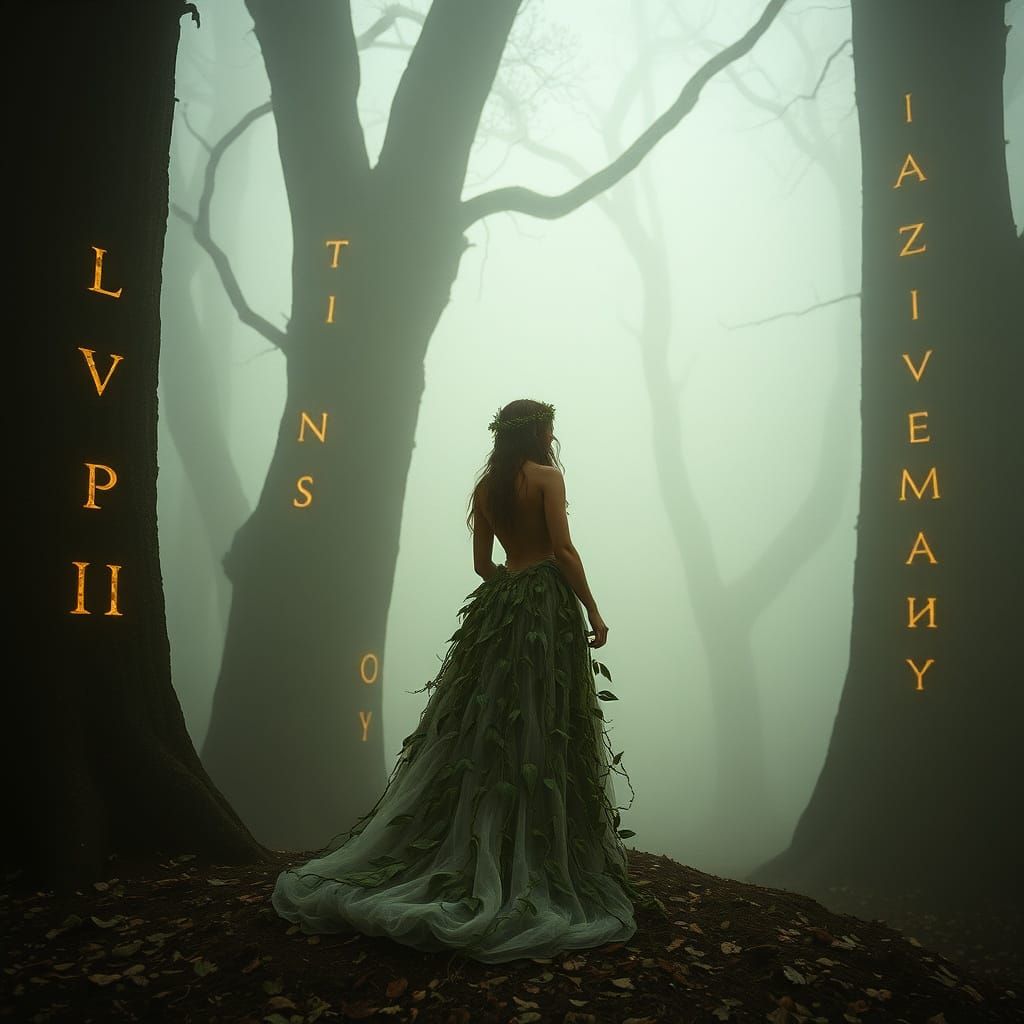 Woman in Leaf Gown at Mystical Forest Edge