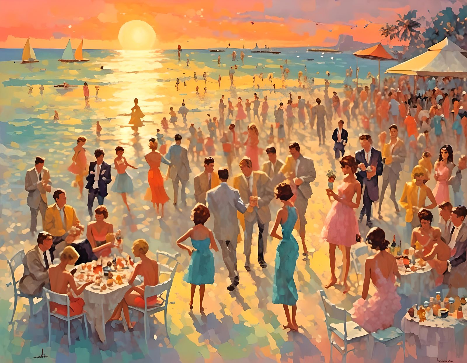 1960s Beach Party at Sunset in Post-Impressionist Style