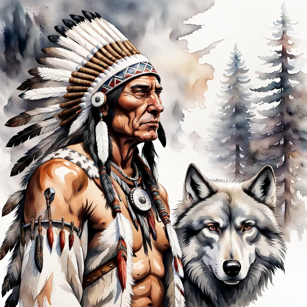 Native American Chief with Wolf Watercolor Illustration