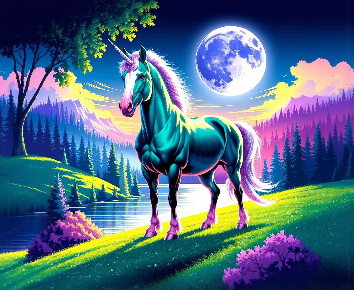 Green Unicorn on Hillside in Oil Painting Style