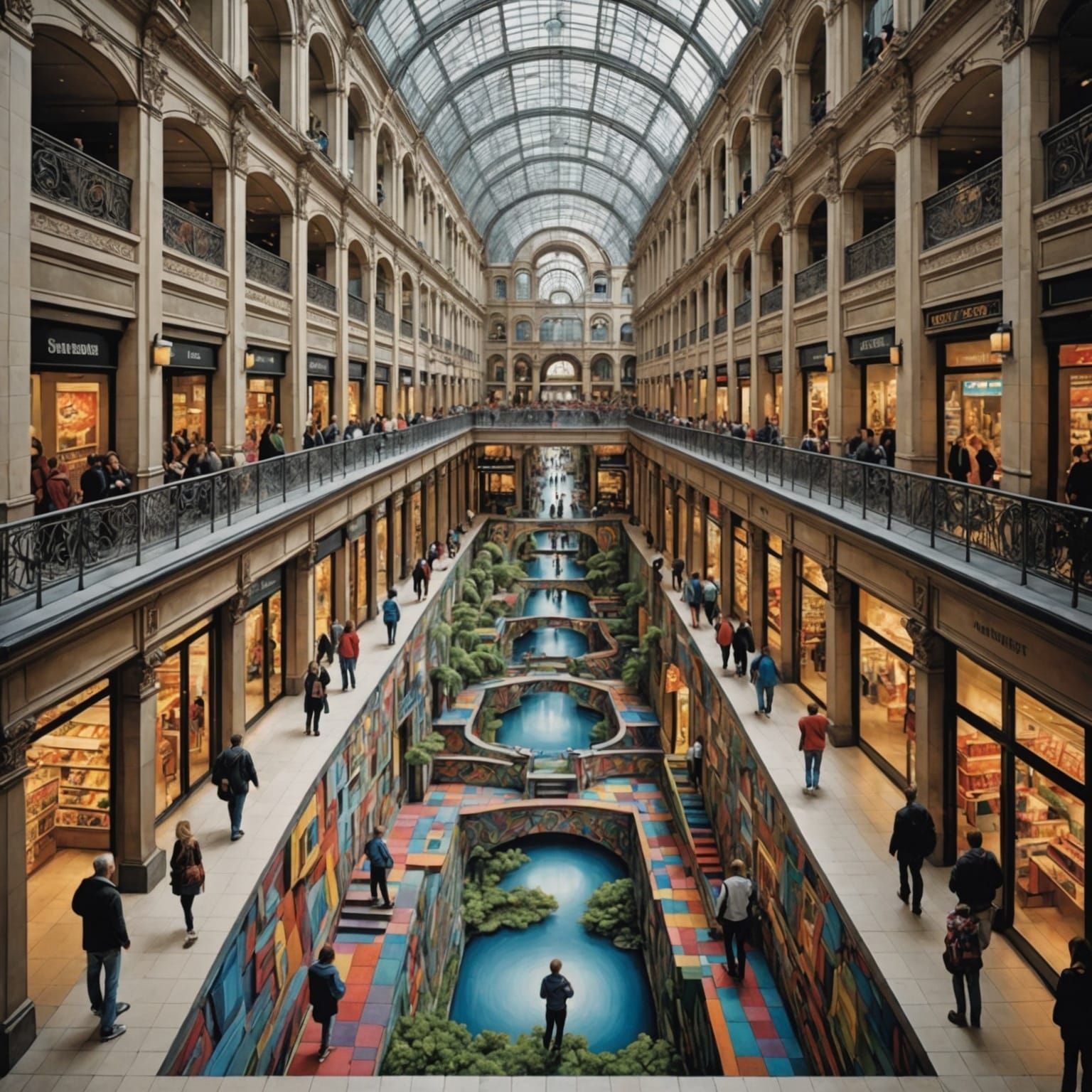 Kurt Wenner's fake chalk basement floor with fake people and...