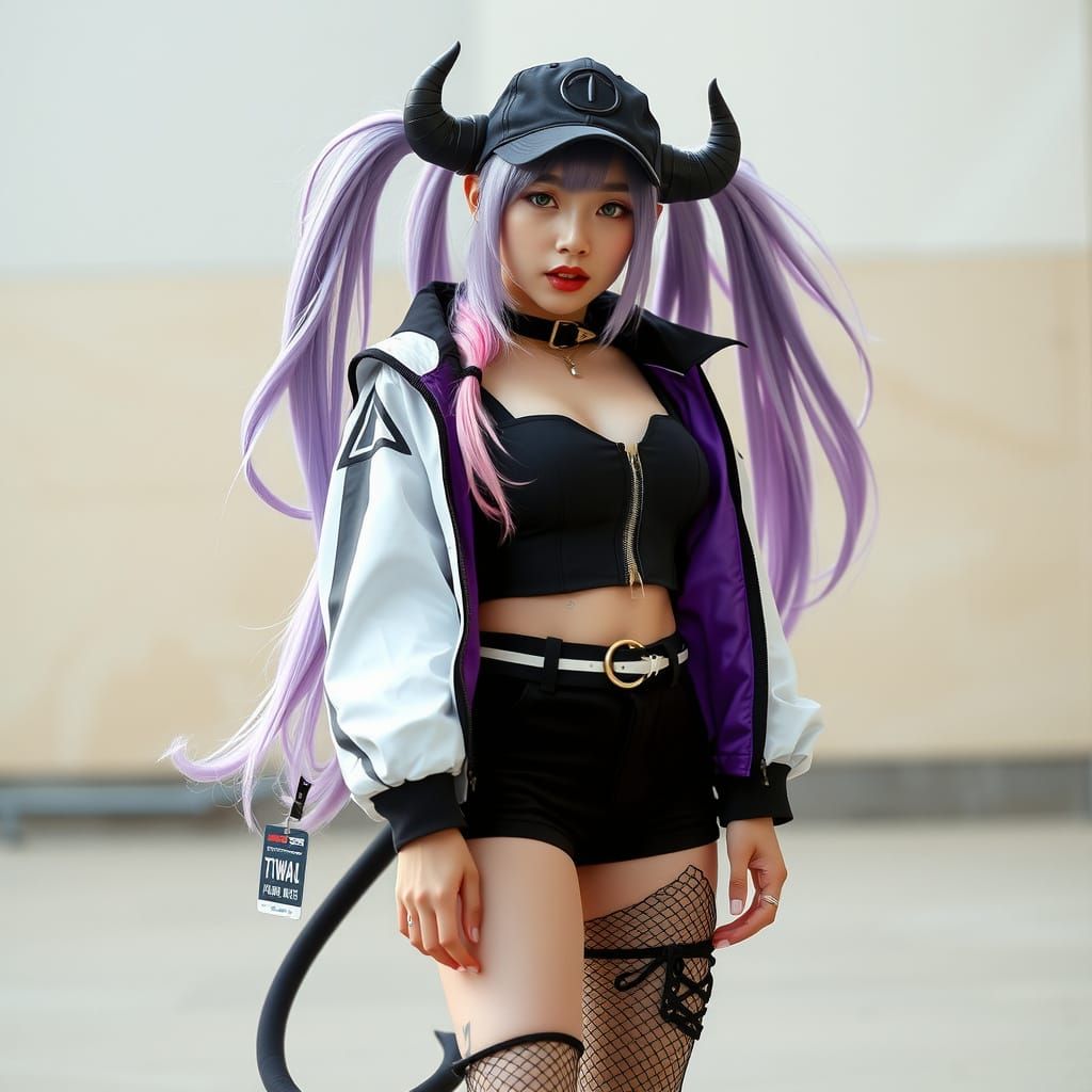 Cyberpunk Goddess with Lavender Hair and Black Cap