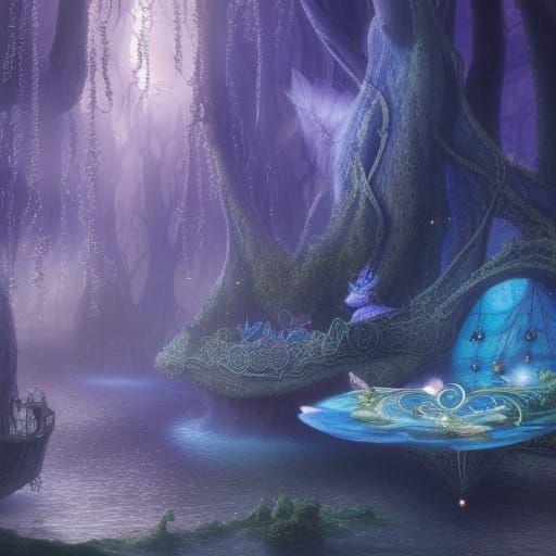 Magical Flying Forest with Moonlight Nymphs