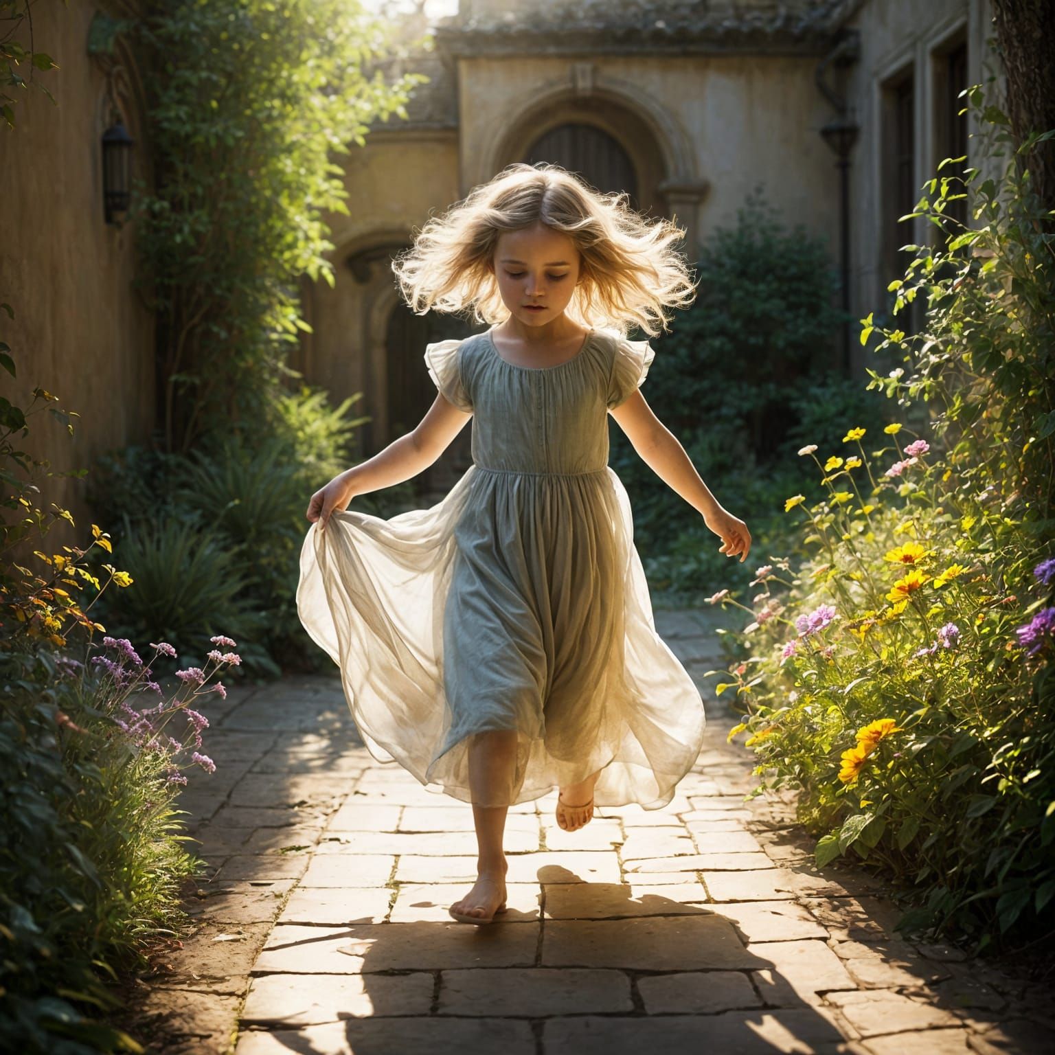 Whimsical Golden Hour Courtyard Scene