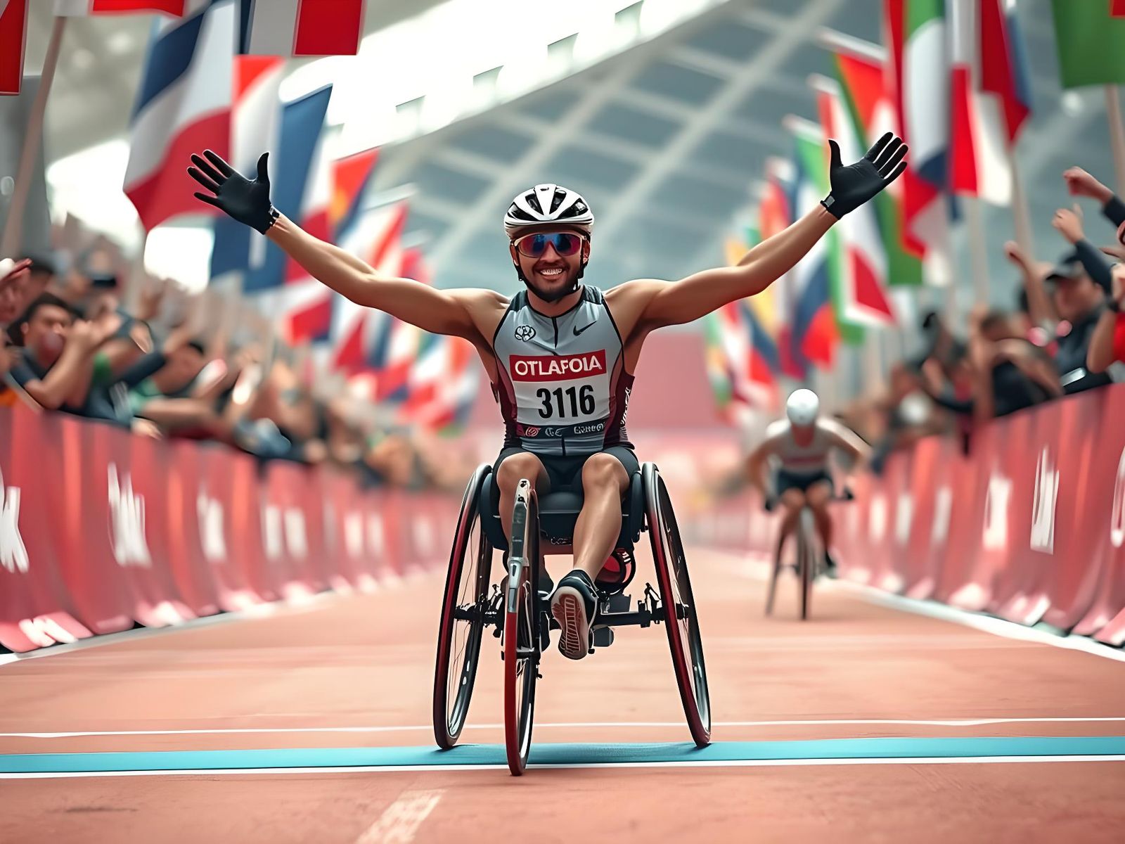 Victorious Para-Athlete Crossing Finish Line with Motion Blu...