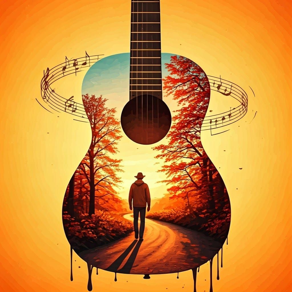 Ethereal Sunset Guitar Walk: Contemplative Man in Earthy Att...