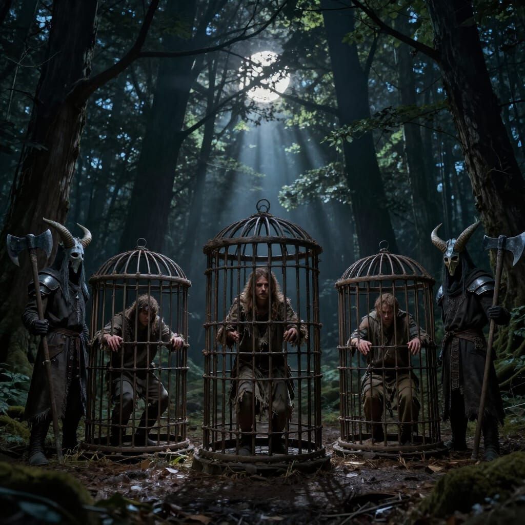 Druid Knights Guard Villagers in Forest Clearing