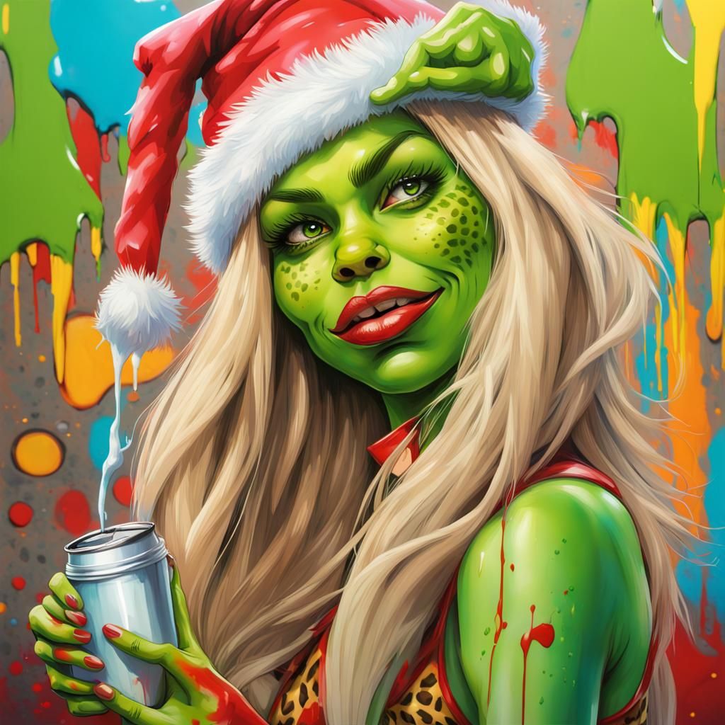 Girl Grinch in Leopard Santa Suit, Graffiti Art
