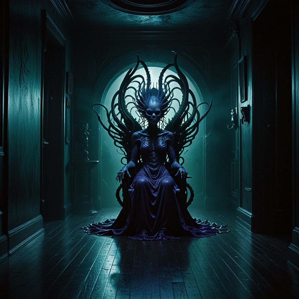 Surrealist Dark Fantasy Throne in Haunting Futuristic Halls