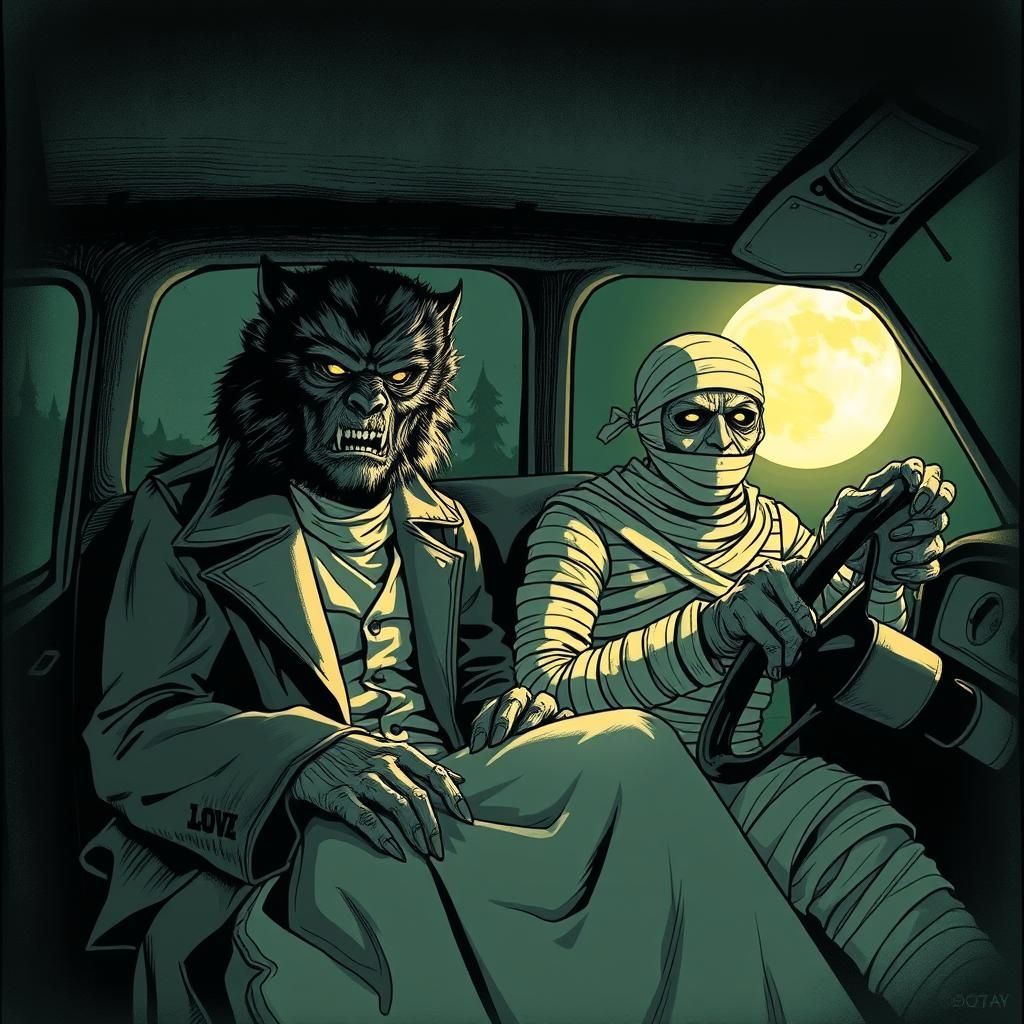 Werewolf and Mummy in Cab, Gothic Horror Style