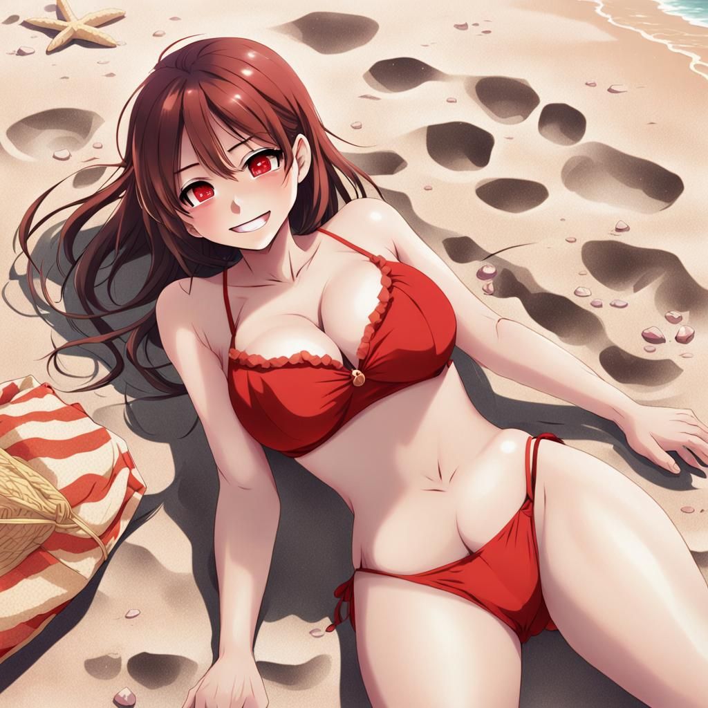 Embarrassed Anime Girl on Beach in Manga Style