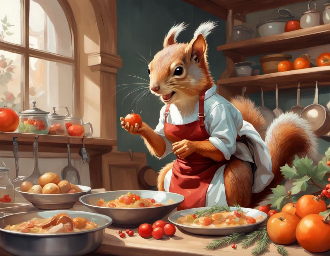 Festive Squirrel Chef: Alphonse Mucha-Inspired Kitchen Scene