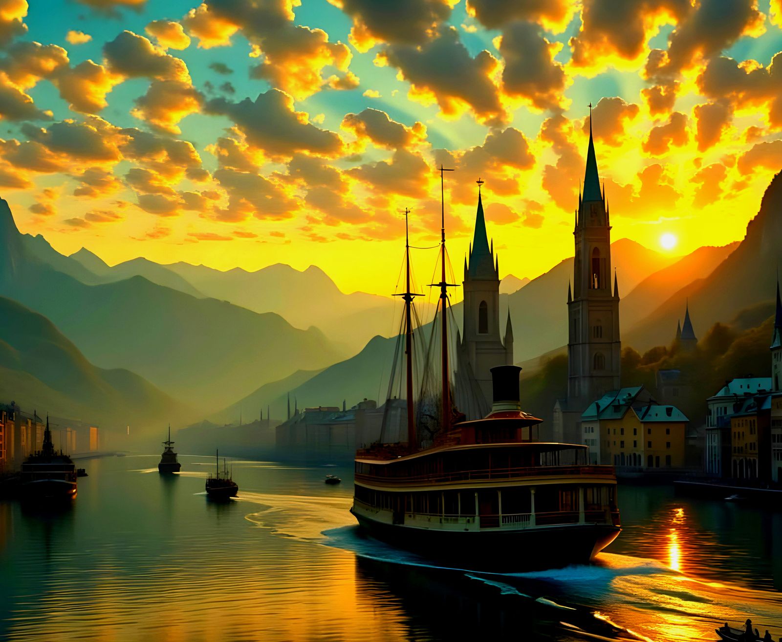 The paddle wheel river boat leaves the city port