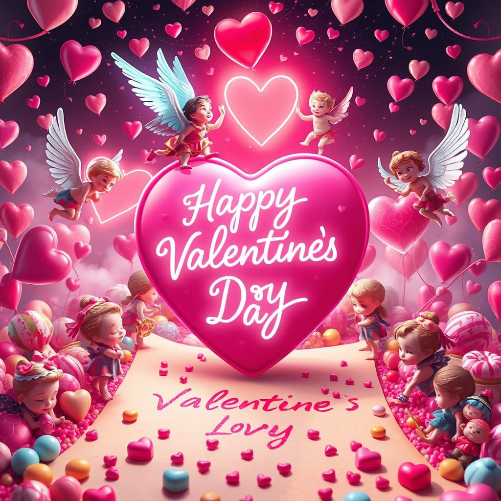 Vibrant Valentine's Day Scene with Whimsical Cupids and Neon...