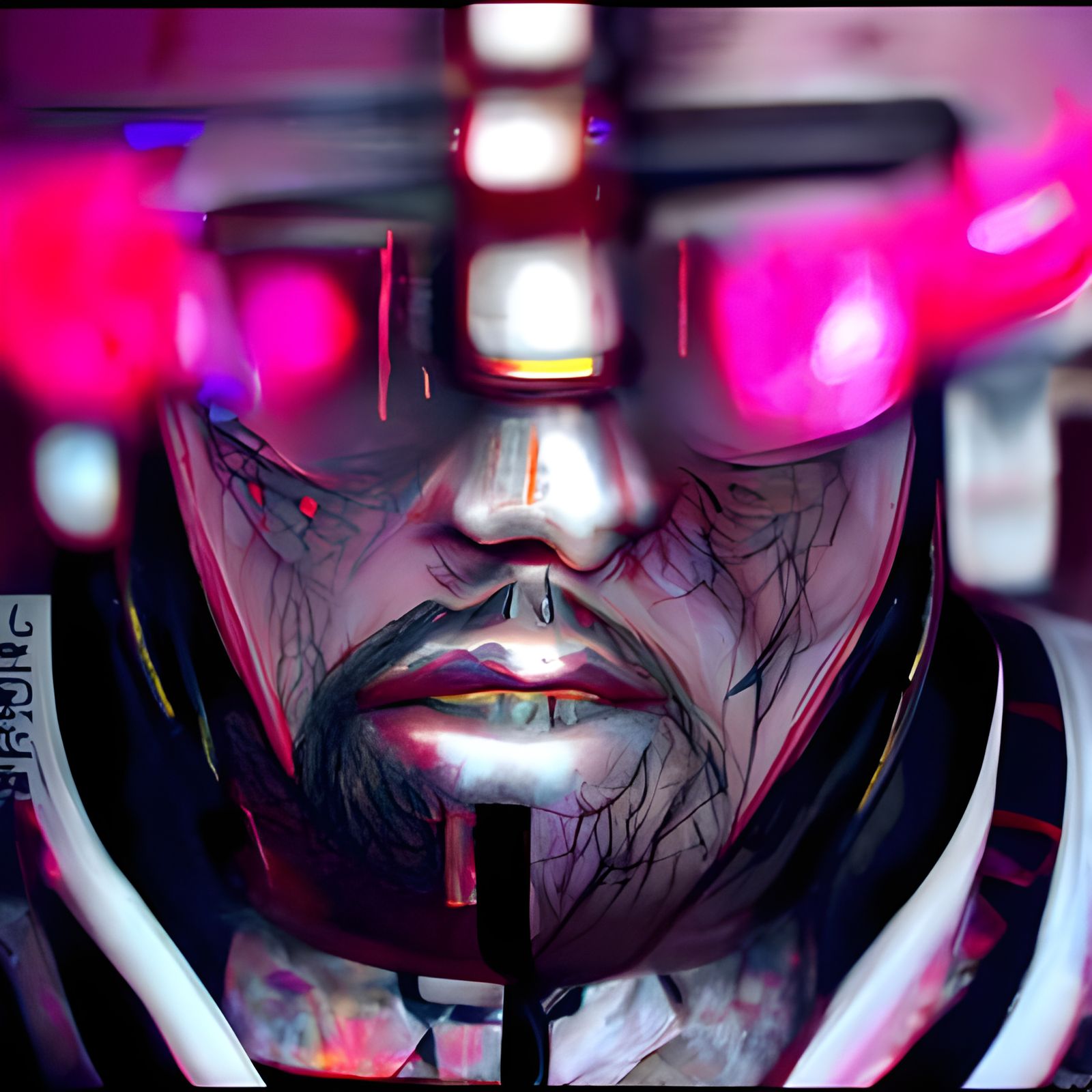 Cyberpunk Cyborg Samurai Portrait in Neon Cityscape