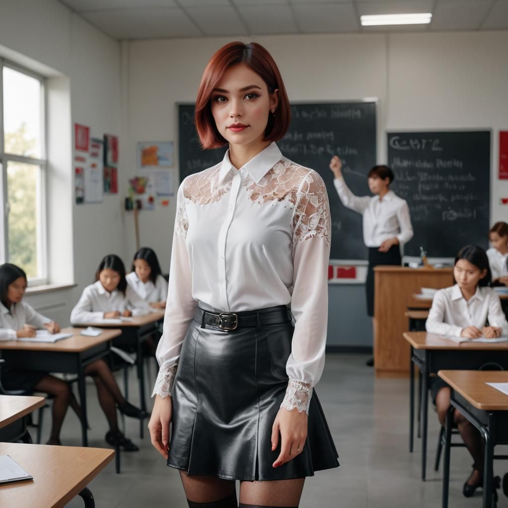 Realistic Portrait of Woman with Red Hair in Classroom