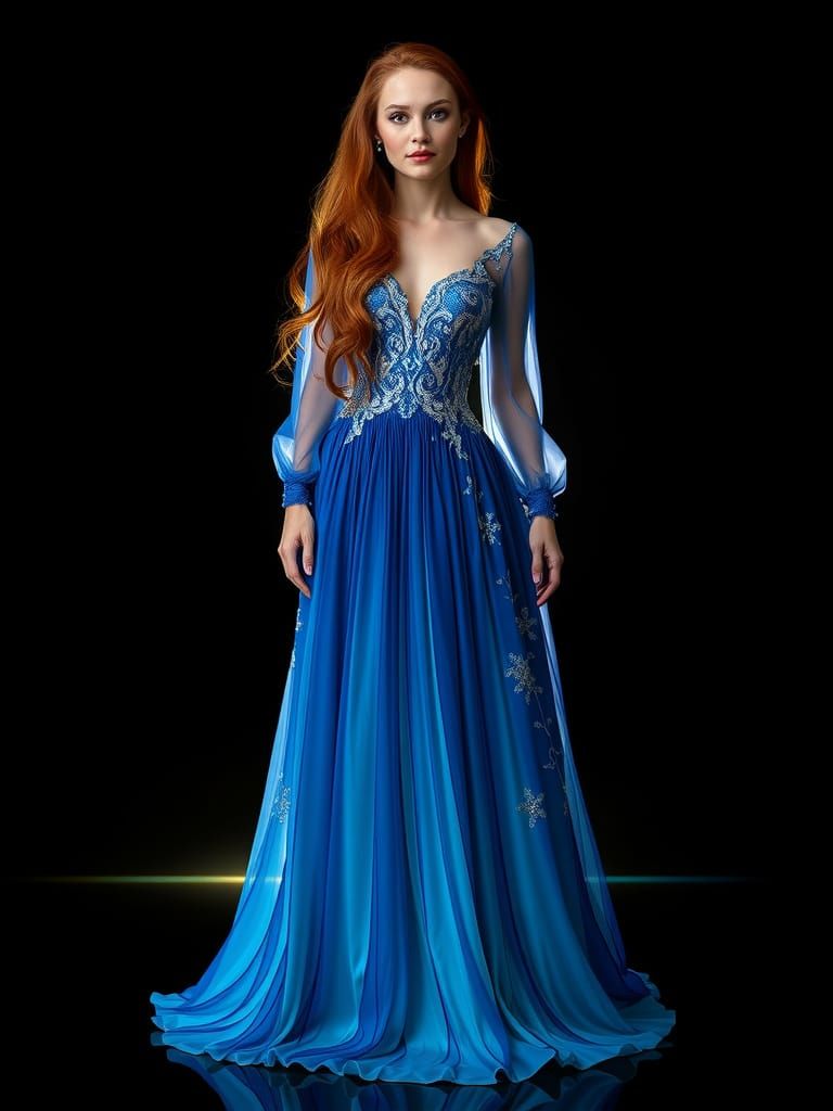 A striking figure stands elegantly against a deep black background, exuding an ethereal quality. The silhouette is that ...