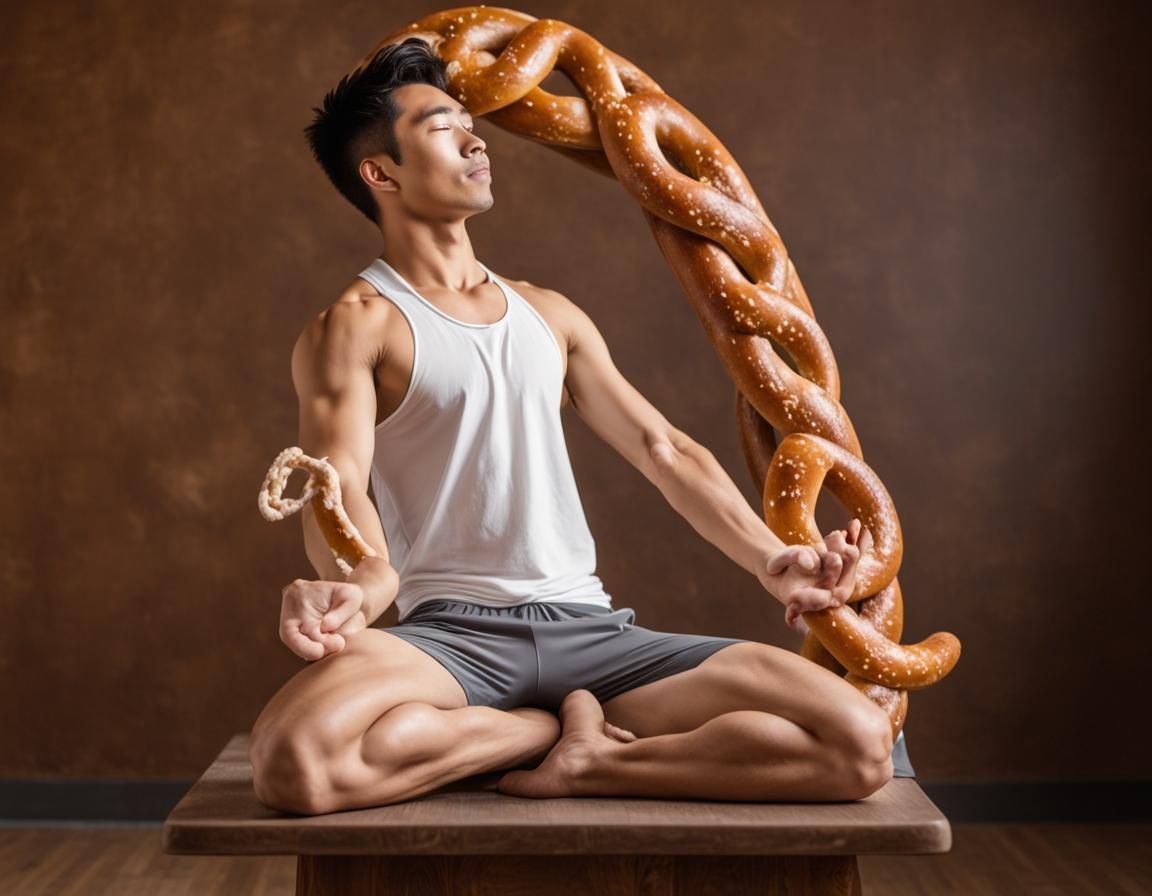 Asian man performing a pretzel-shaped yoga pose