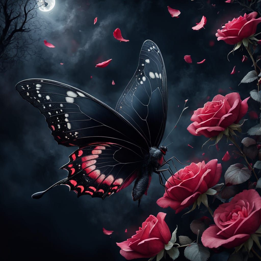 Elegant Black Butterfly Perched on Crimson Rose Petals