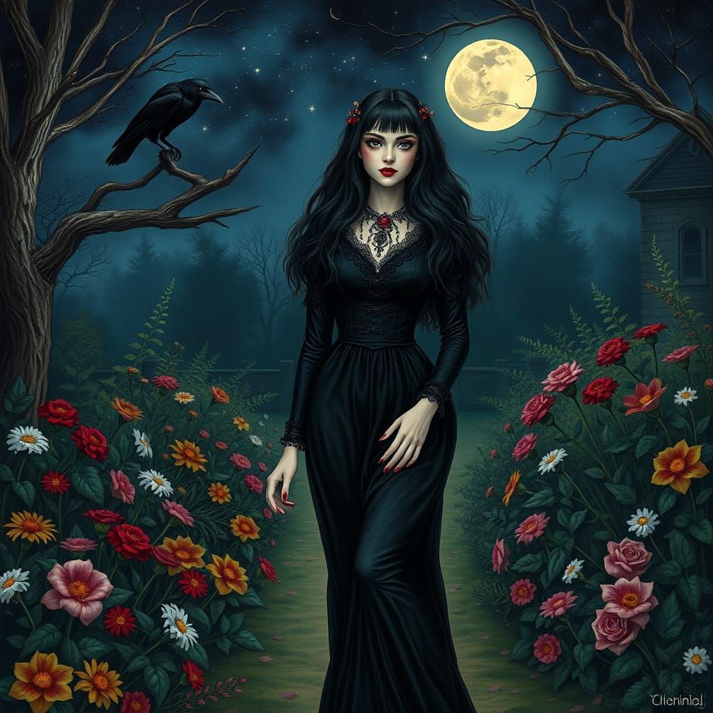 Goth Woman Strolls Through a Midnight English Garden in a Ti...