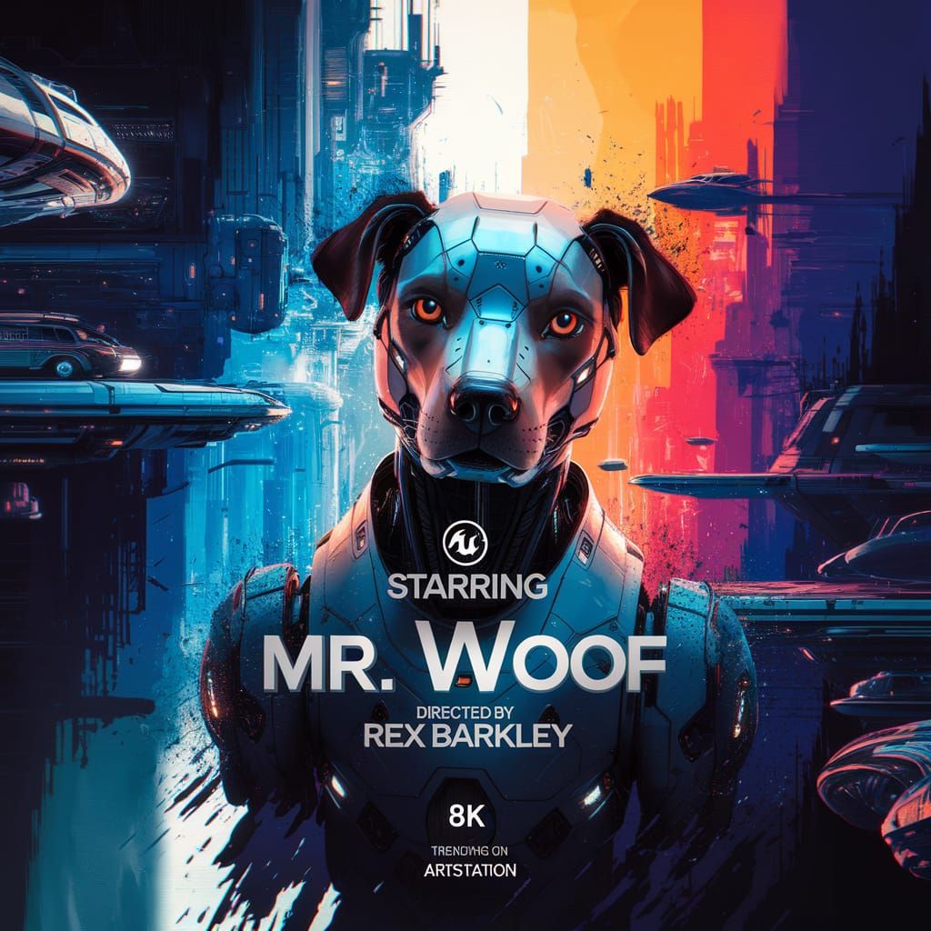 Robotic Dog Detective Movie Poster in Futuristic City