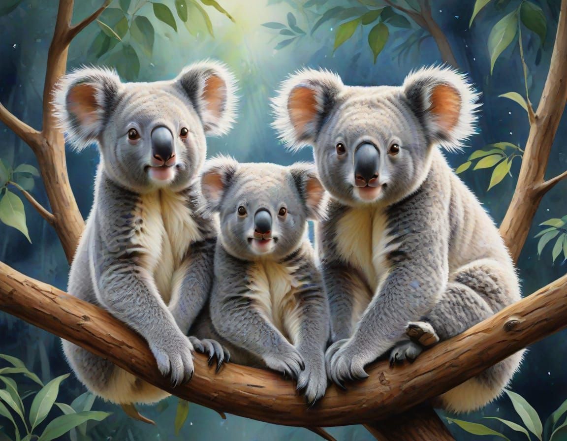 Gigantic Koalas Radiate Joy in Watercolor