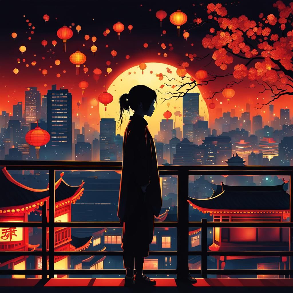 Alluring Silhouette Over China Town at Night