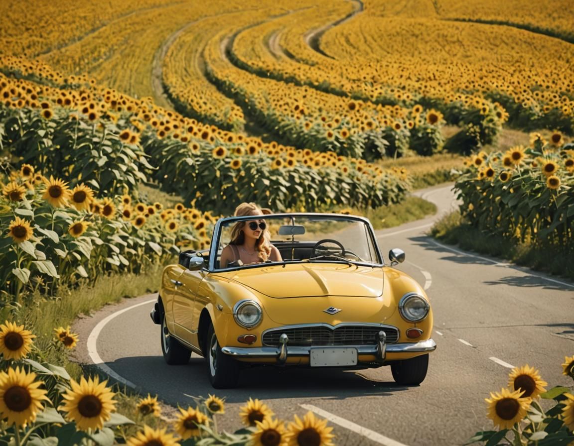 She's on a road trip in her vintage yellow cabrio, driving t...