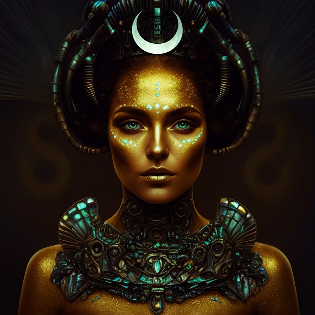 Futuristic Woman with Iridescent Jewelry and Detailed Attire