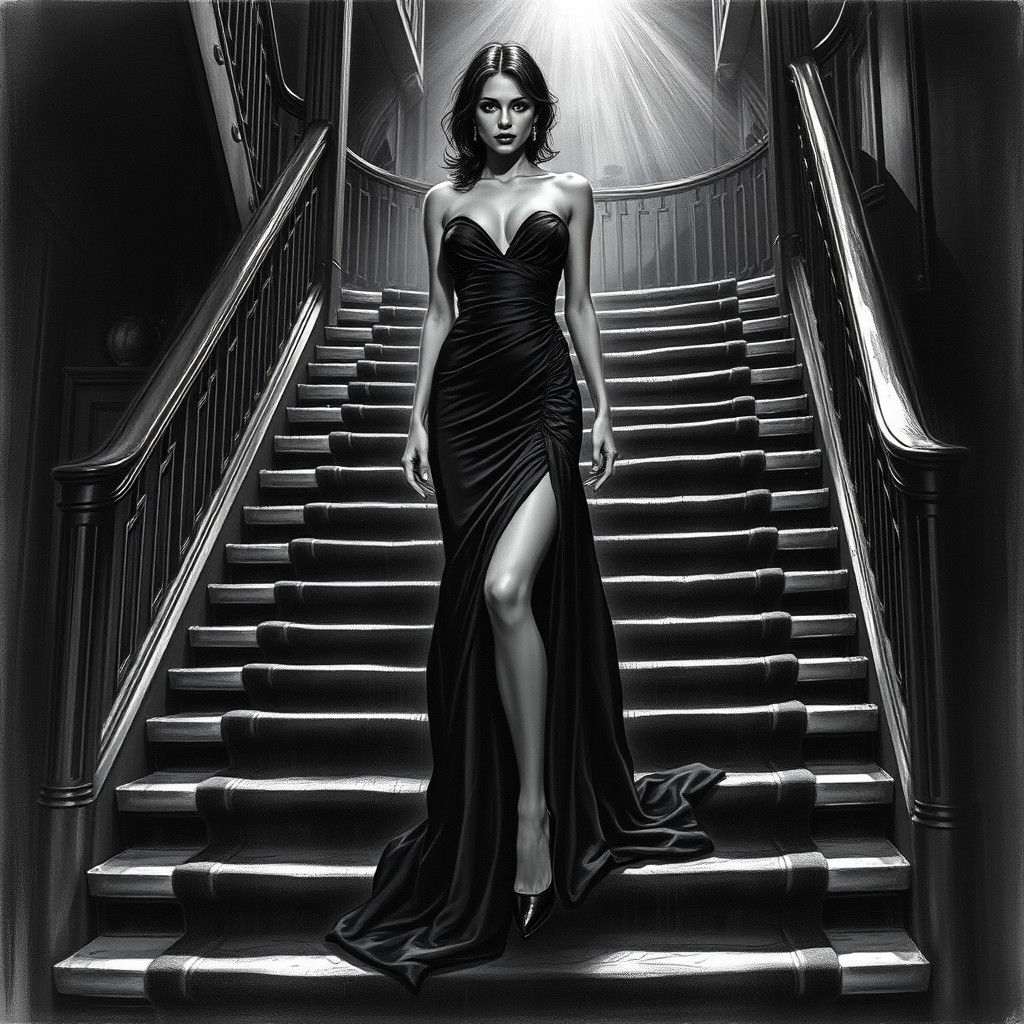 Sultry Vampire Goddess Ascends Dark Art Deco Staircase