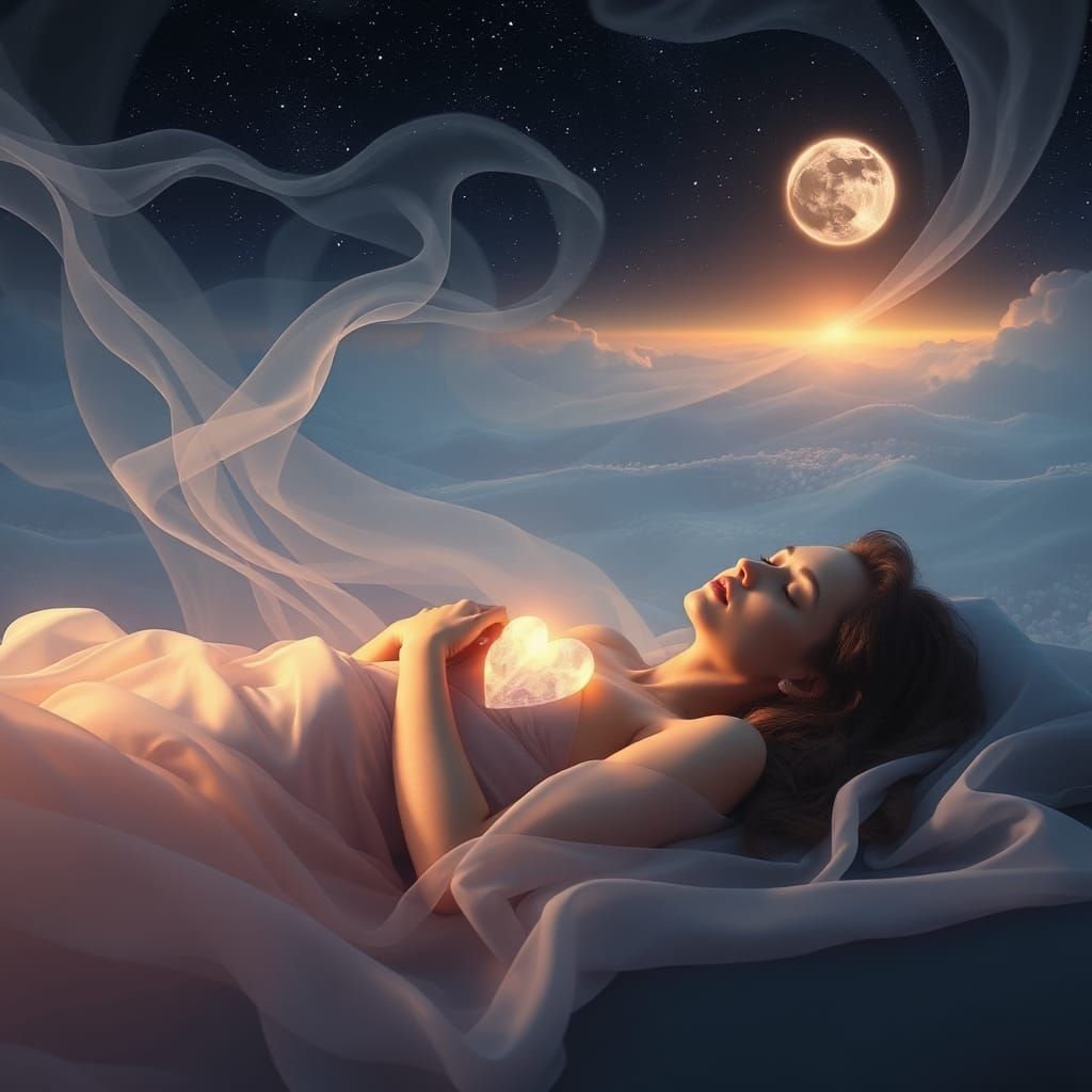 Dreamy Slumber: Woman in Ethereal, Surreal Landscape
