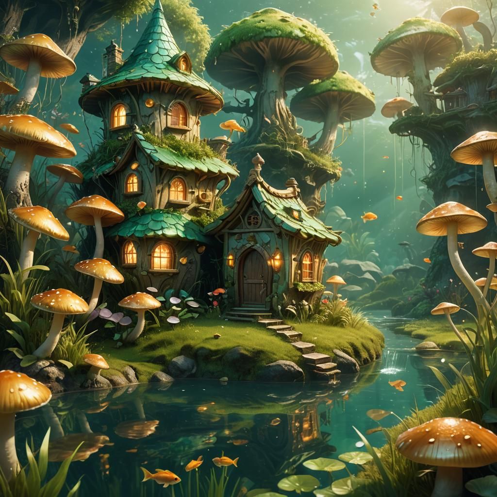Golden Fish and Mushroom House in Fantasy Art