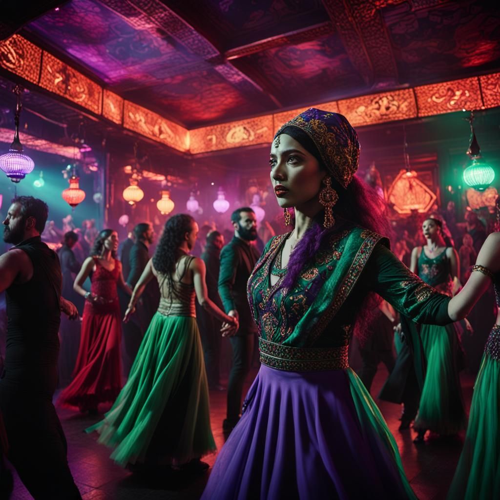 Cyberpunk Club with Ottoman Motifs and Dancers