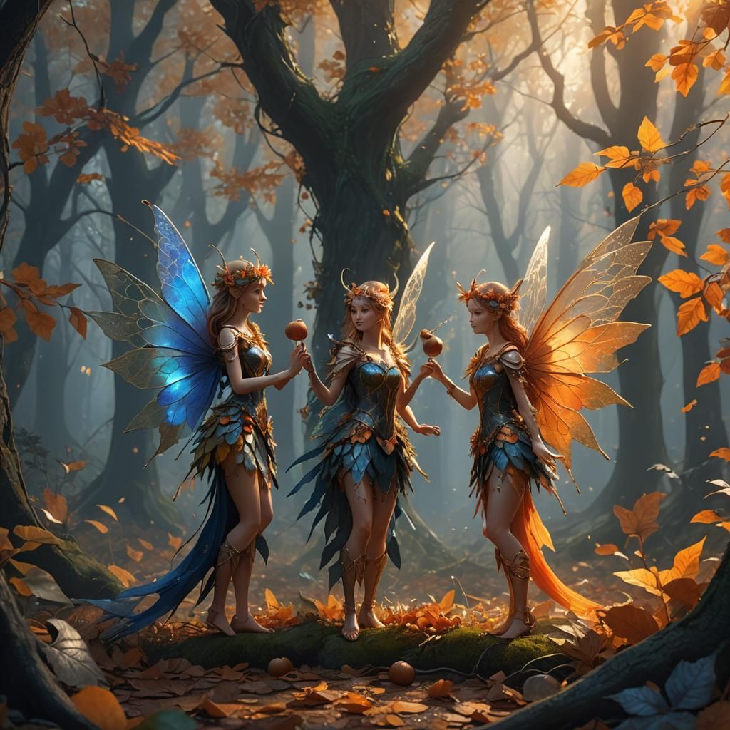 Two Fall Fairies Gather Acorns in a Misty Forest