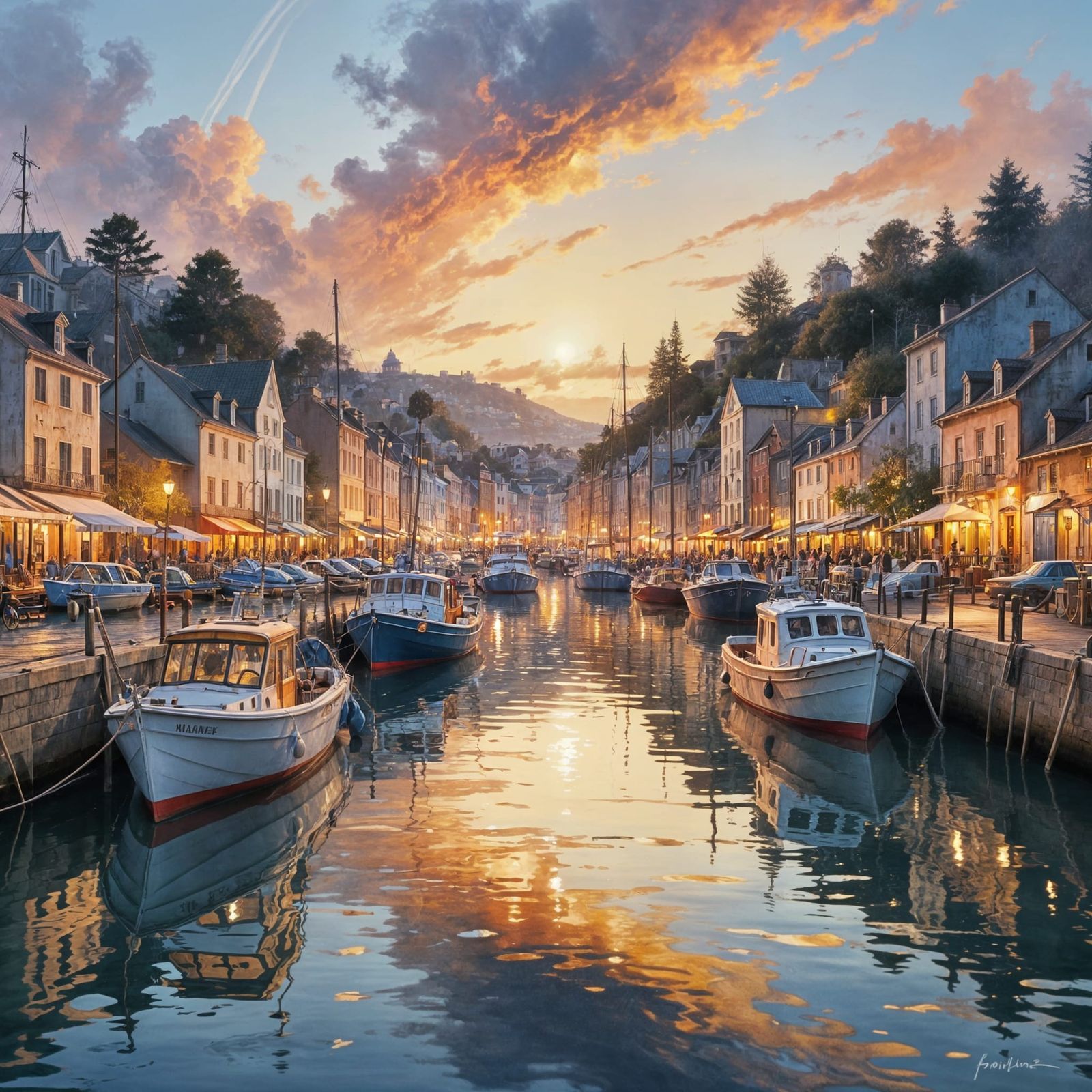 Enchanting Harbor Scene in Watercolor Style